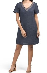 𝅺lina Tomei Linen Beaded V Neck Dress